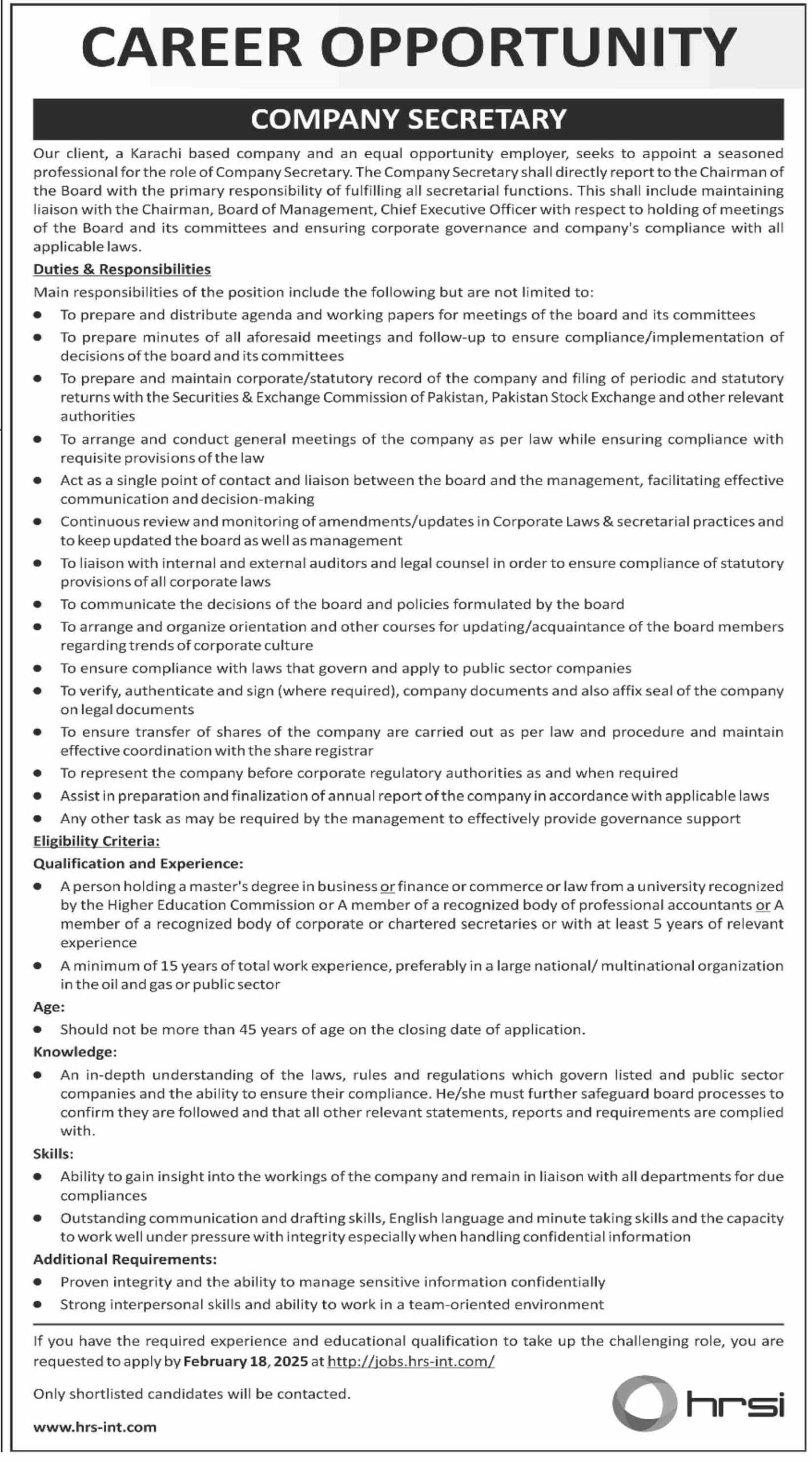 Company Secretary Jobs Vacancies in Karachi 2025