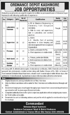 Ordnance Depot Kashmore Job Opportunities 2025